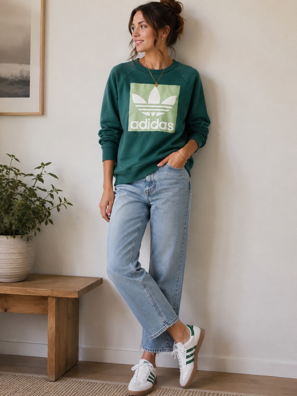Adidas Original Teal Green Trefoil Pullover Sweatshirt Size L